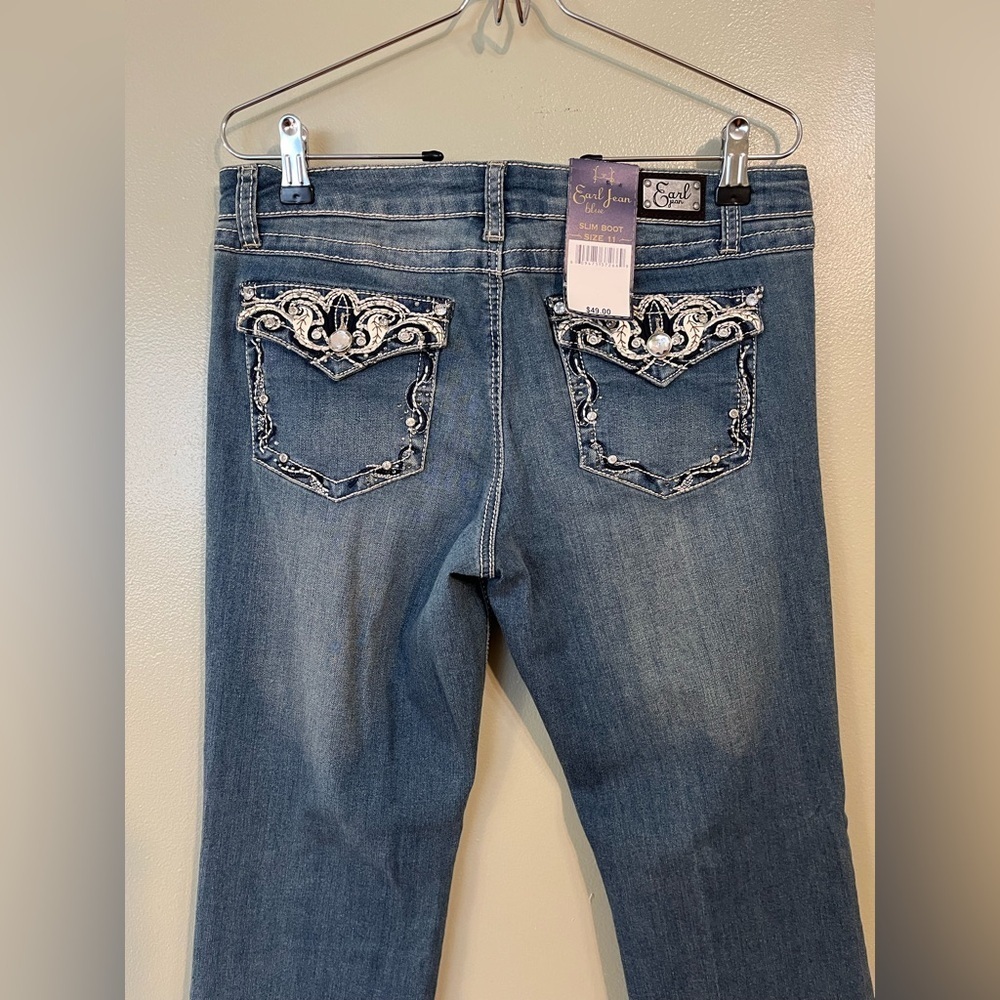 Earl Womens Blue Embroidered Sequined Flop Pockets Blue Bootcut Jeans 11 /30 NWT